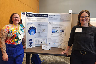 Raechel Soicher and Ruthann Thomas posing in front of the poster they submitted to the Award committee at POD 2024 in Chicago.