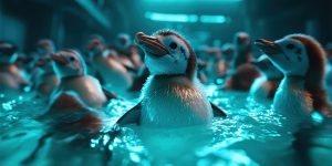 A group of baby penguins in an illuminated pool